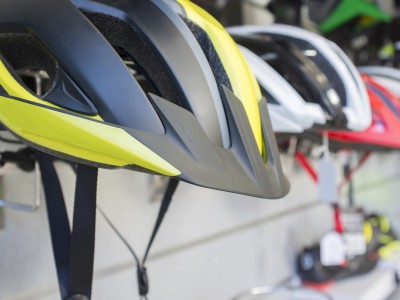 Bike helmets on store wall